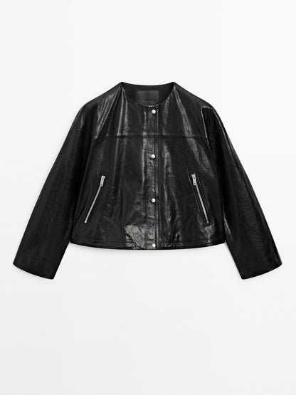 Crew neck nappa leather jacket
