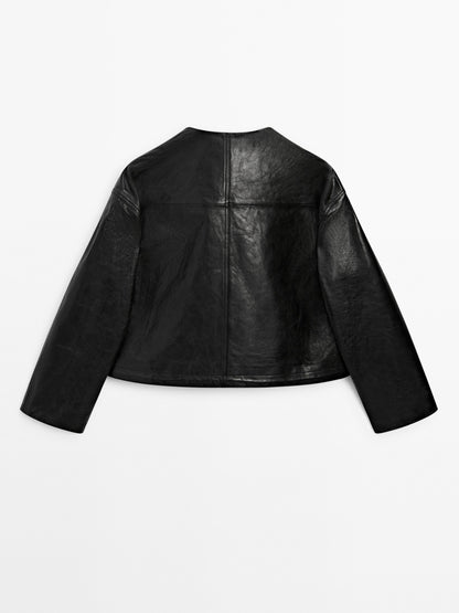 Crew neck nappa leather jacket