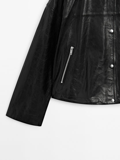 Crew neck nappa leather jacket