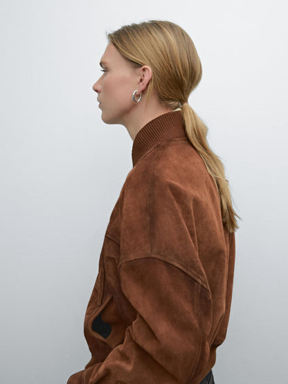 Suede leather bomber jacket with pockets