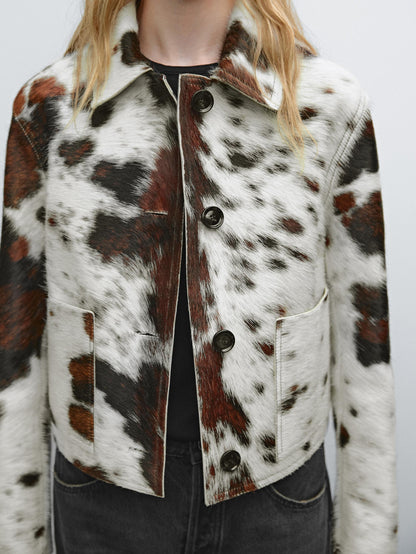 Short animal print hair-on leather jacket