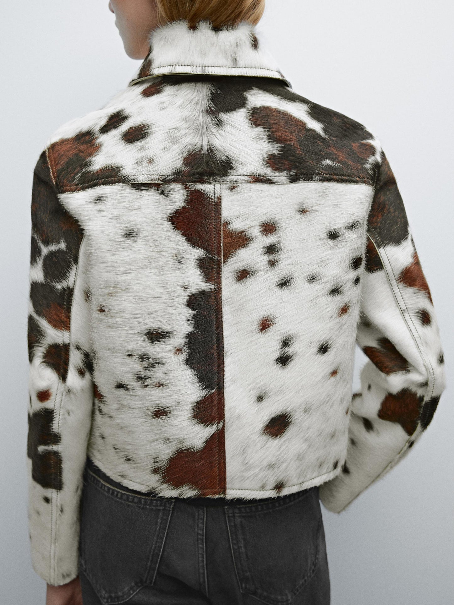 Short animal print hair-on leather jacket