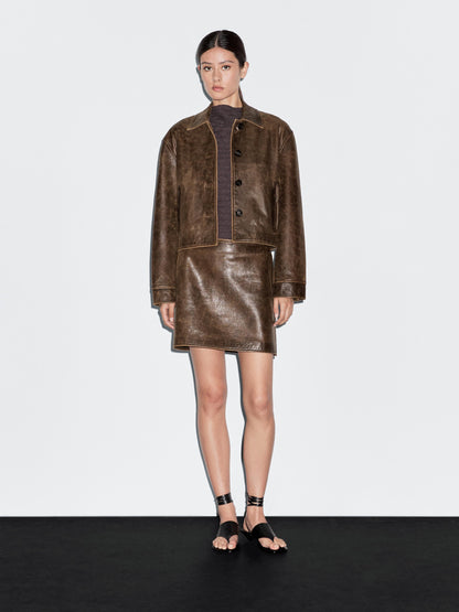 Distressed effect nappa leather cropped jacket