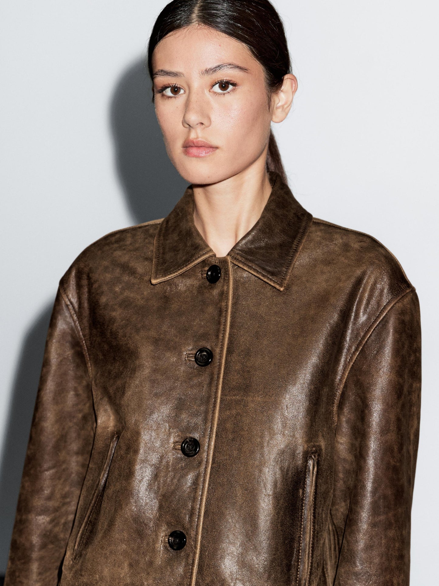 Distressed effect nappa leather cropped jacket