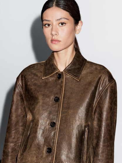 Distressed effect nappa leather cropped jacket
