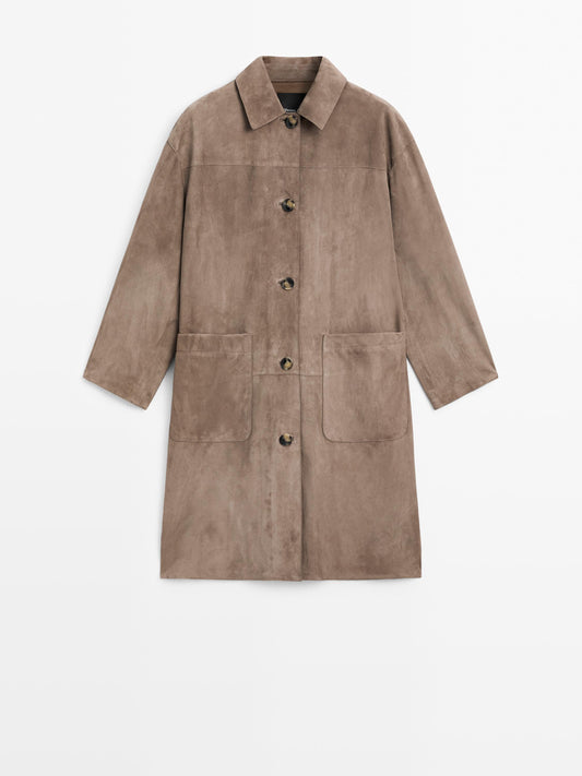 Suede leather trench coat