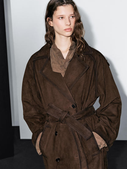 Long suede leather trench coat