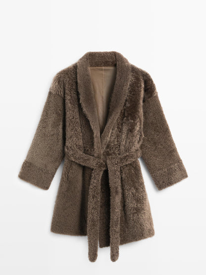 Long mouton coat with belt