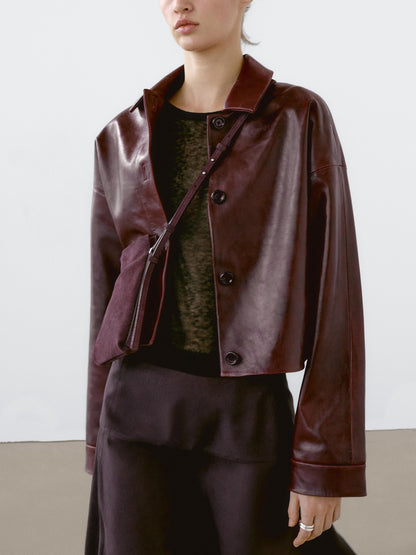 Short shiny nappa leather jacket