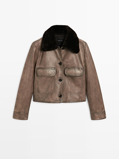 Nappa leather jacket with fur skin collar