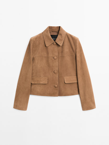 Suede leather jacket with lined buttons