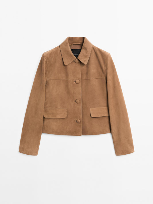 Suede leather jacket with lined buttons