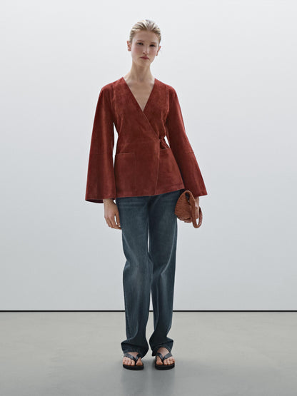 Crossover suede leather kimono