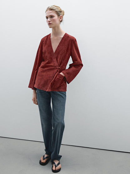 Crossover suede leather kimono