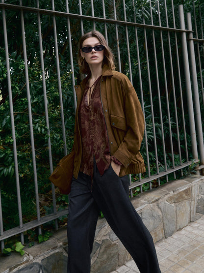 Suede leather bomber jacket with pockets