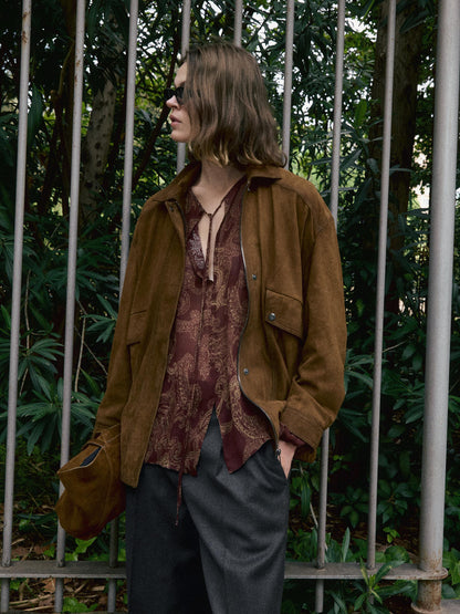 Suede leather bomber jacket with pockets
