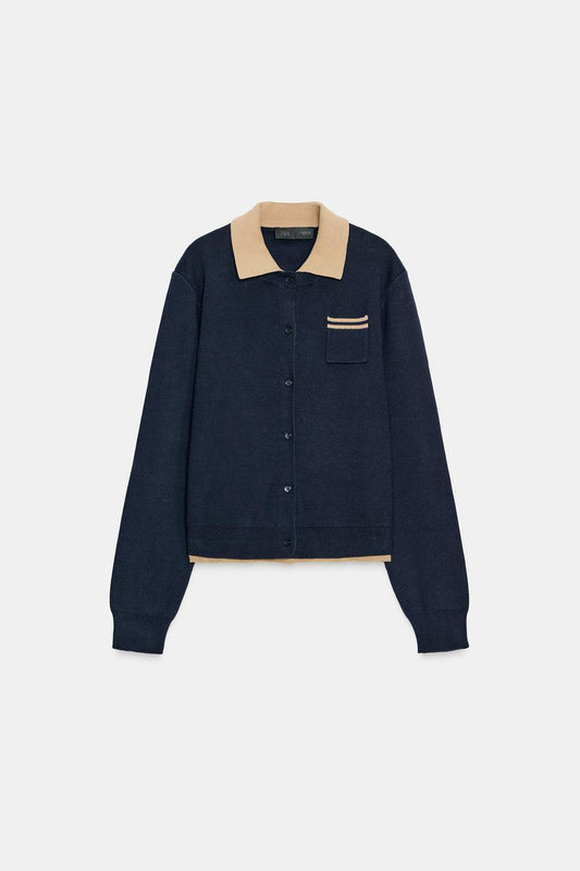 Contrast Double-Layer Knit Polo Jacket