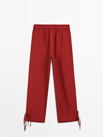 100% linen trousers with bow detail