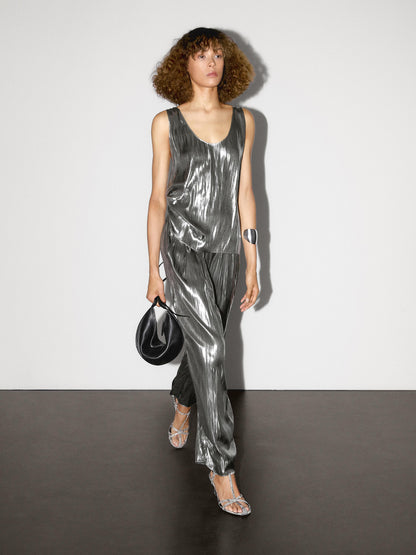 Flowing metallic trousers with gathered detail