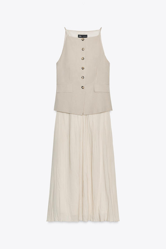 Pleated Skirt Midi Waistcoat Dress