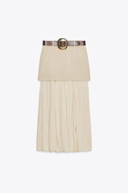Belted Contrast Midi Skirt