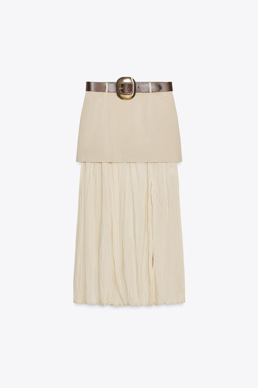Belted Contrast Midi Skirt