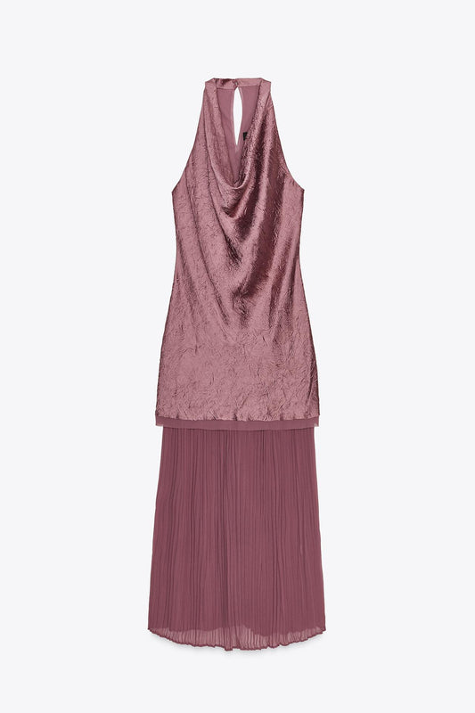 Pleated Contrast Midi Dress