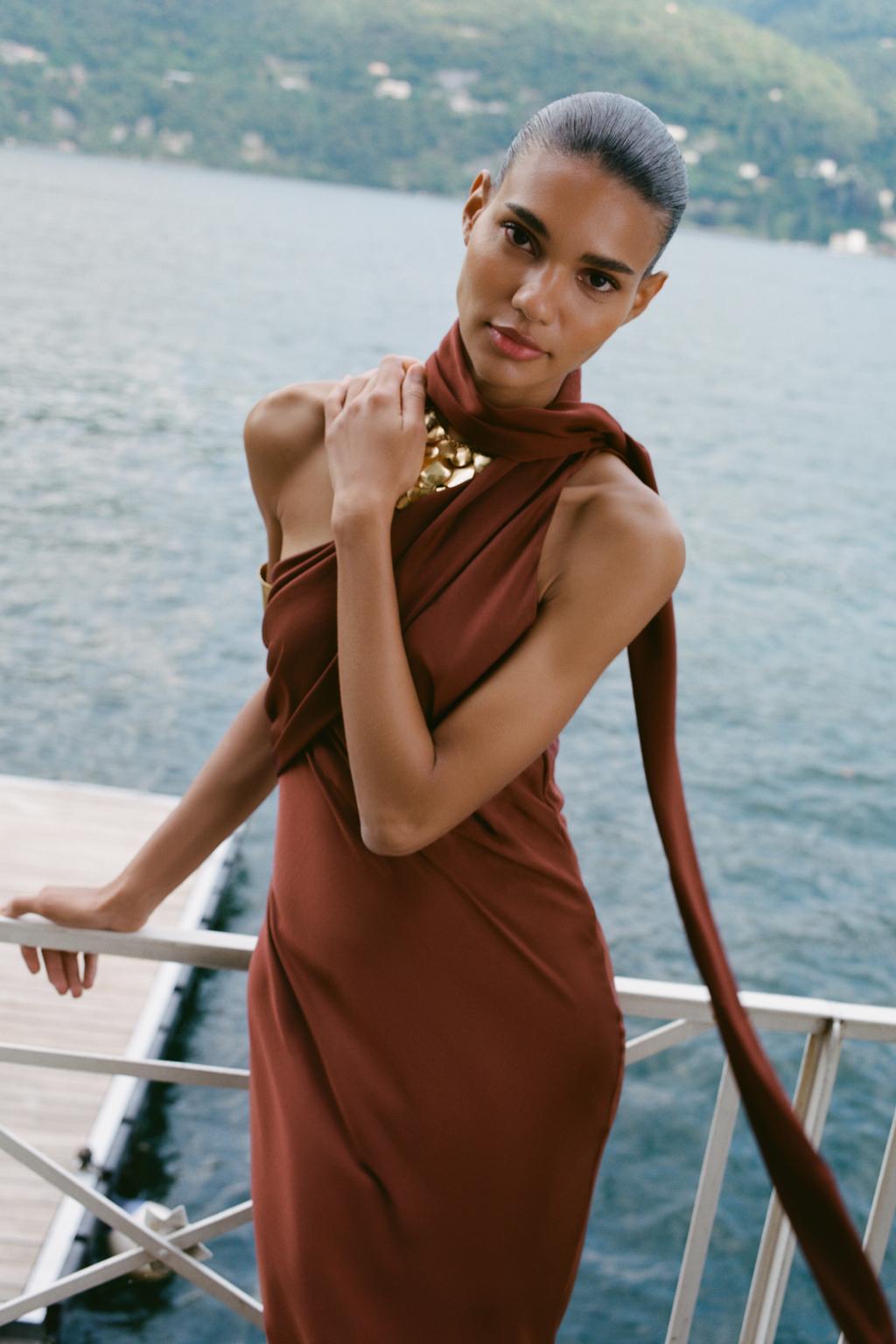 Asymmetric Midi Dress with Scarf