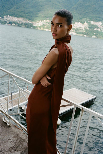 Asymmetric Midi Dress with Scarf