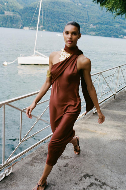 Asymmetric Midi Dress with Scarf