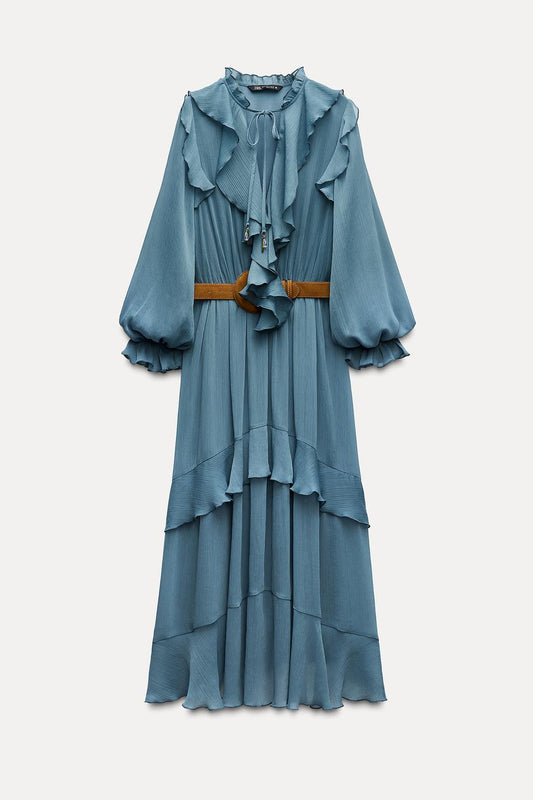 Long Belted Dress With Ruffles