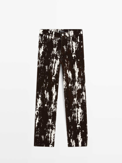 Printed straight-leg mid-rise jeans with flocking