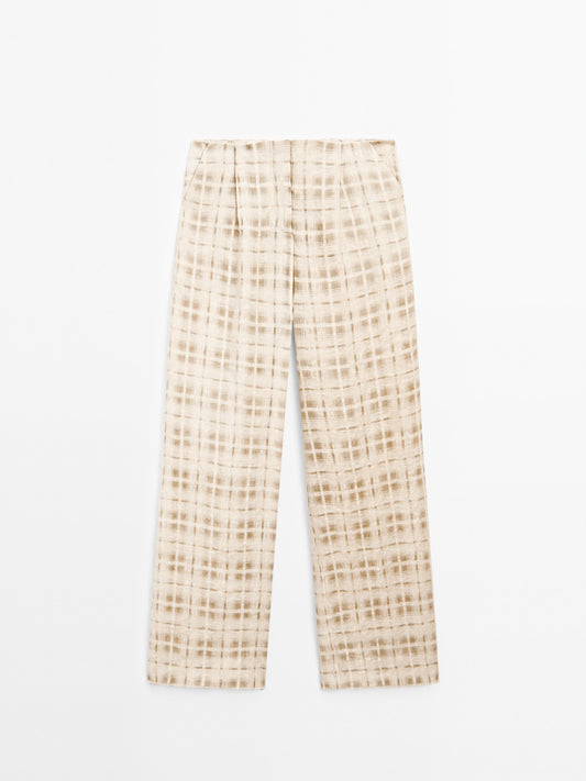 Flowing linen blend check trousers