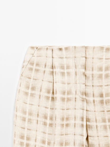 Flowing linen blend check trousers