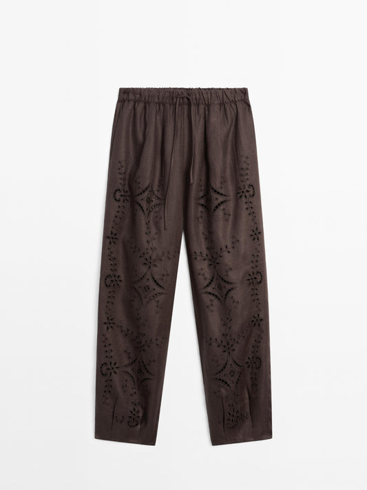 Linen blend embroidered balloon fit trousers