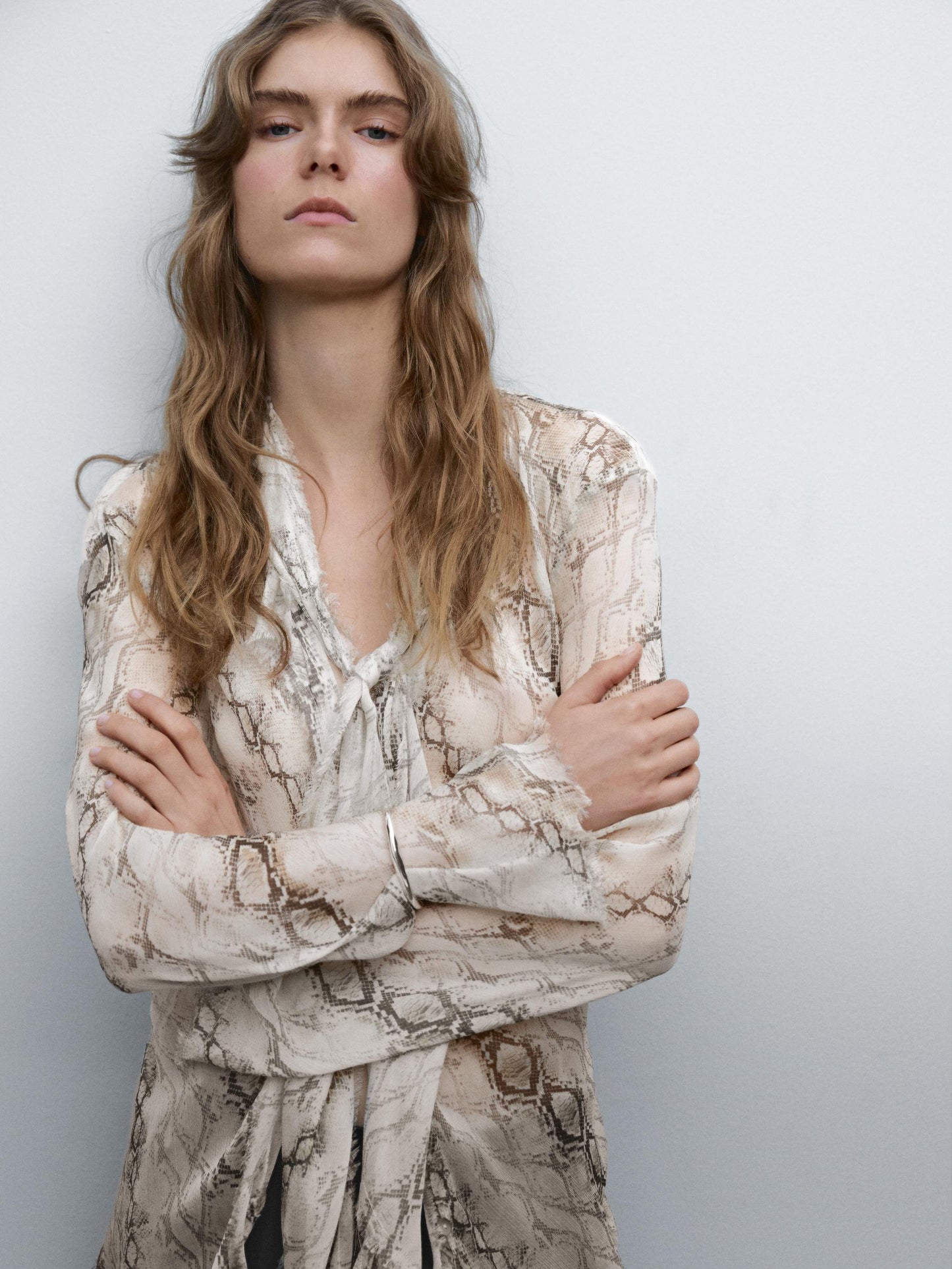 Flowing animal print scarf shirt