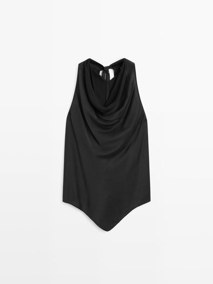 Silk blend top with cowl neck and tie