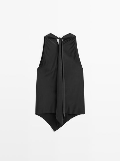 Silk blend top with cowl neck and tie