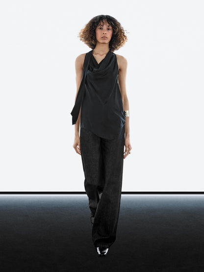 Silk blend top with cowl neck and tie