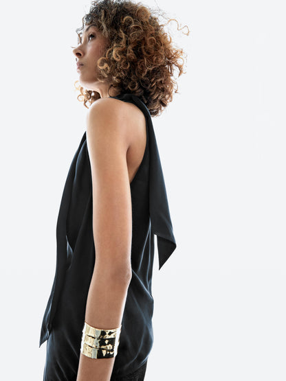 Silk blend top with cowl neck and tie