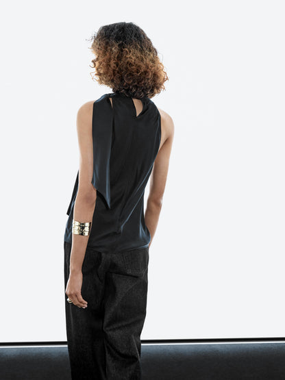 Silk blend top with cowl neck and tie