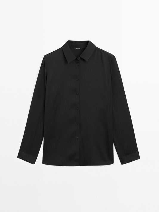 Plain satin shirt with long sleeves and openings