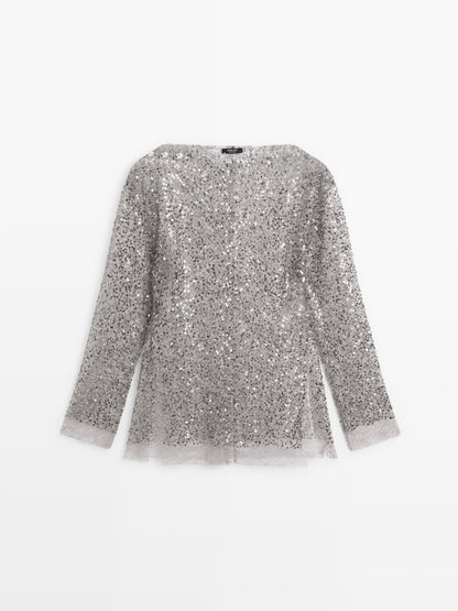 Sequinned blouse with cowl neck