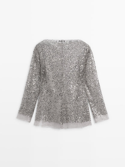 Sequinned blouse with cowl neck