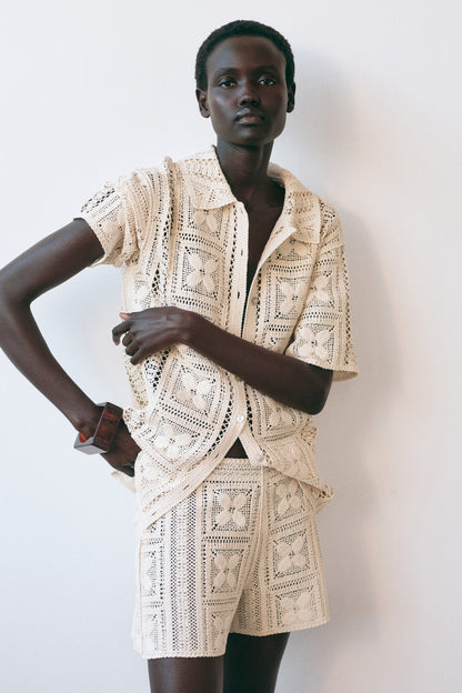 Crochet-look silk-blend shirt