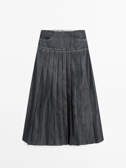 Denim midi skirt with box pleats