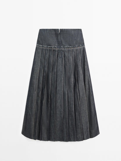 Denim midi skirt with box pleats