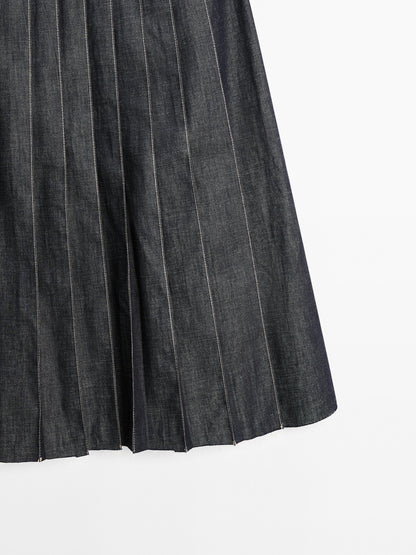 Denim midi skirt with box pleats