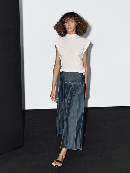 Denim midi skirt with box pleats