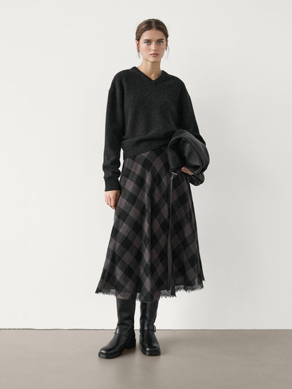 100% wool check midi skirt